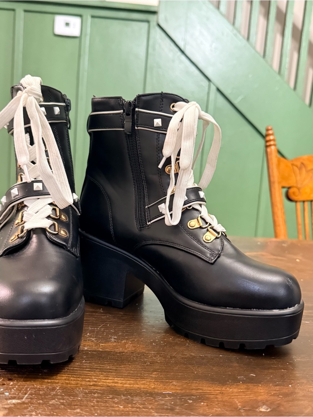 Black Platform Lace-Up Ankle Boots with White Laces